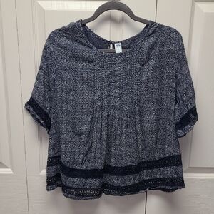 Old Navy Blue and White Patterned Women's Peasant Top Crochet Stripes   Boho L